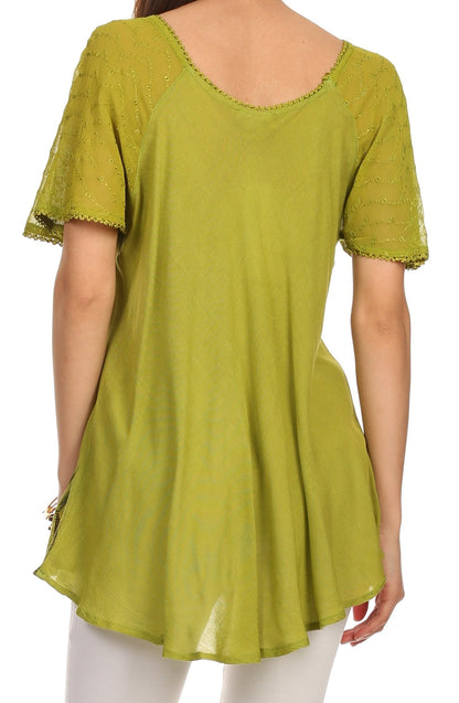 Sakkas Albina Island Relaxed Fit Embroidery Cap Sleeves Blouse / Top