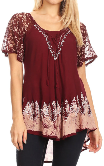 Sakkas Cora Relaxed Fit Batik Design Embroidery Cap Sleeves Blouse / Top