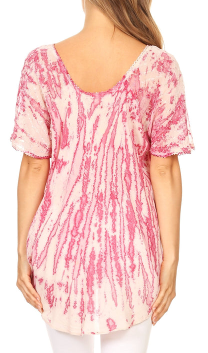 Sakkas Zoya Marbled Embroidery  Cap Sleeves Blouse / Top