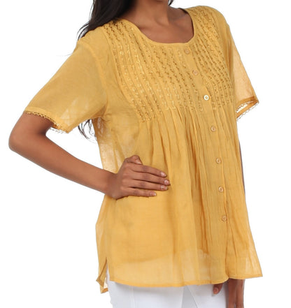 Sakkas Button Down Embroidered Short Sleeve Semi-Sheer Gauzy Cotton Top / Blouse