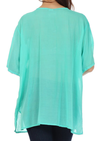 Sakkas Button Down Embroidered Short Sleeve Semi-Sheer Gauzy Cotton Top / Blouse