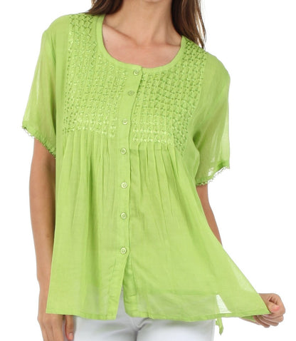 Sakkas Button Down Embroidered Short Sleeve Semi-Sheer Gauzy Cotton Top / Blouse