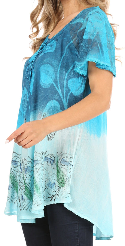 Sakkas Petra Women's Casual Loose Flared Corset Short Sleeve Lace Blouse Top Tunic