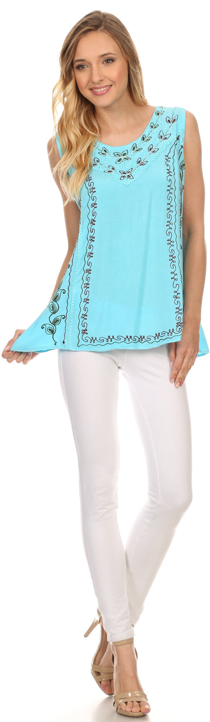 Sakkas Koonya Long Light Scoop Neck Nature Embroidered Sleeveless Tank Top Blouse