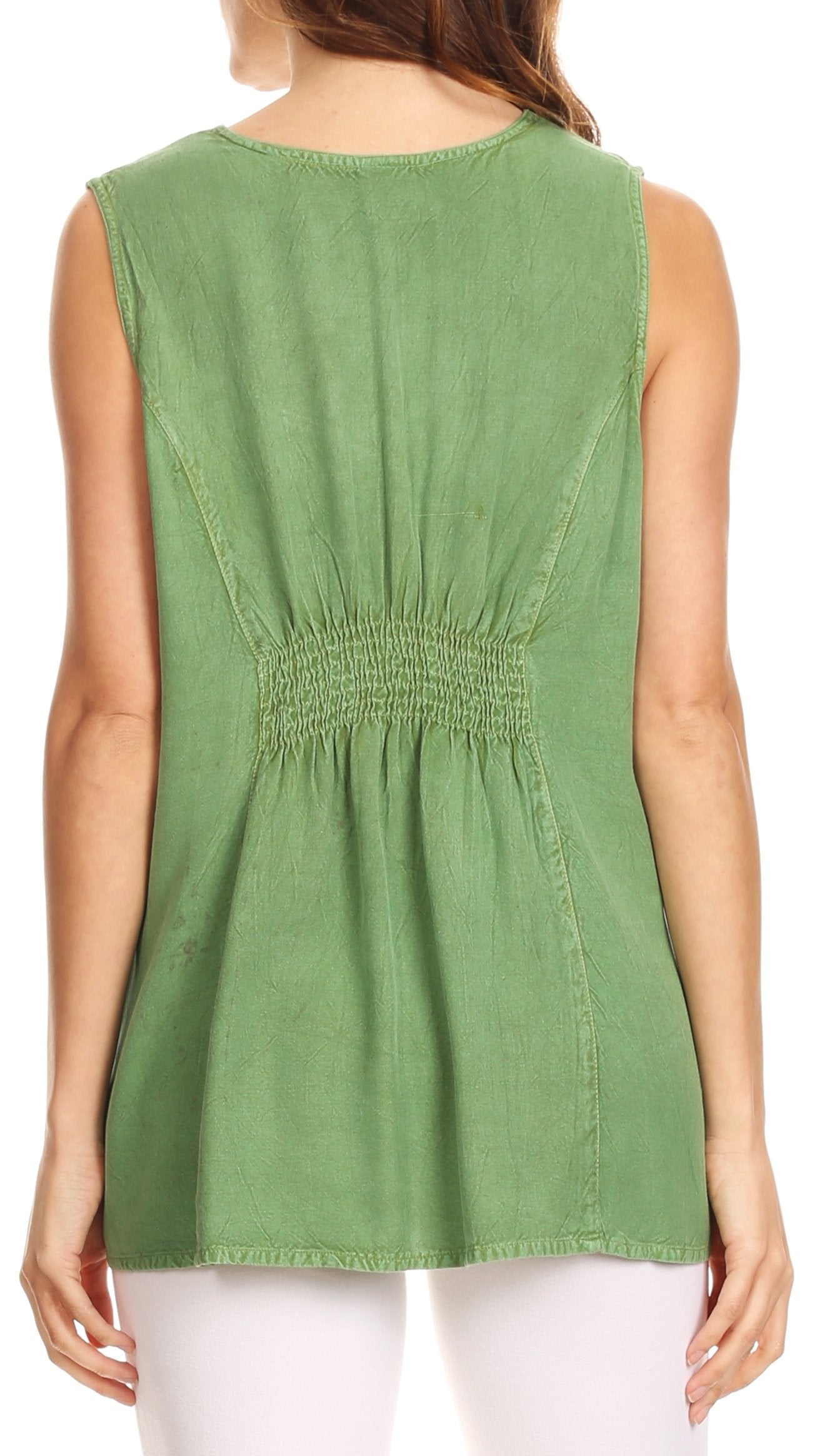 Sakkas Koonya Long Light Scoop Neck Nature Embroidered Sleeveless Tank Top Blouse