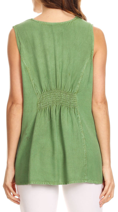 Sakkas Koonya Long Light Scoop Neck Nature Embroidered Sleeveless Tank Top Blouse