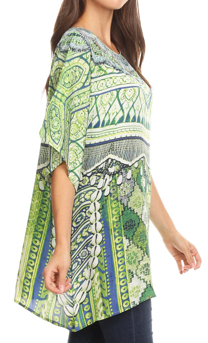 Sakkas Lada Womens Loose Oversized Short Sleeve Top Blouse with Embellishment