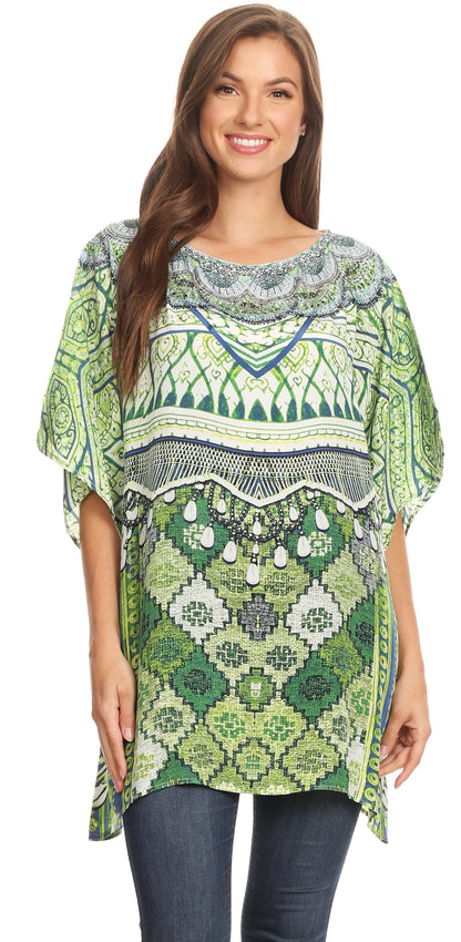 Sakkas Lada Womens Loose Oversized Short Sleeve Top Blouse with Embellishment