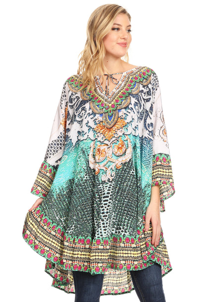 Sakkas Delu Women's Loose V Neck Blouses Top Tunic with Ruffles And Rhinestone