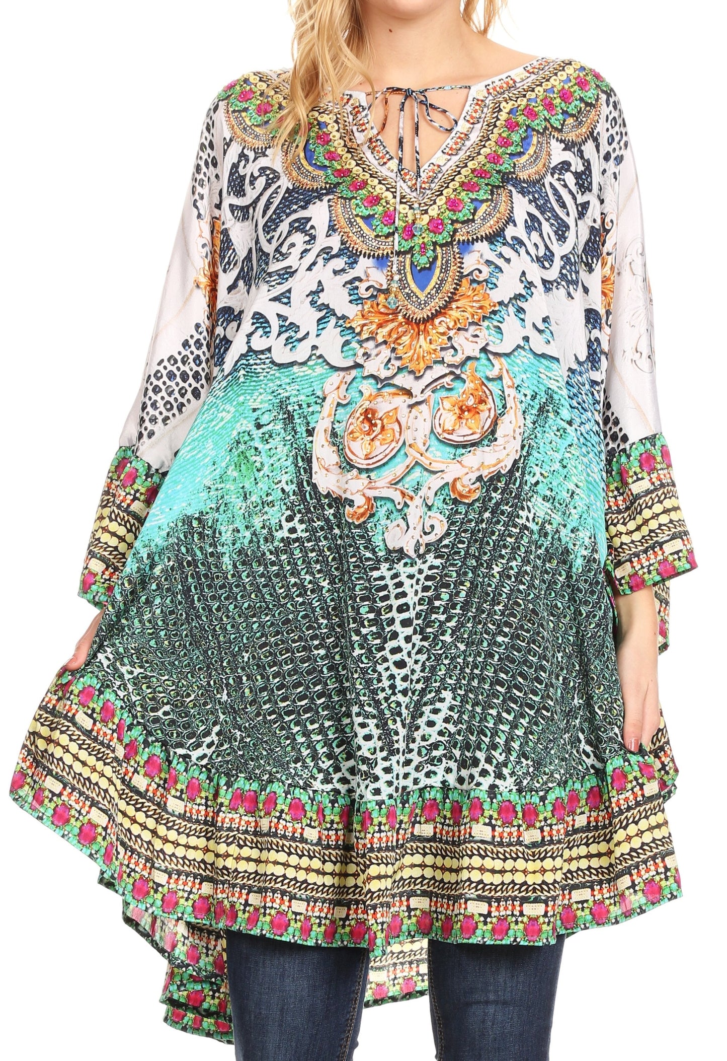 Sakkas Delu Women's Loose V Neck Blouses Top Tunic with Ruffles And Rhinestone
