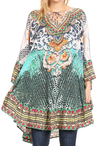 Sakkas Delu Women's Loose V Neck Blouses Top Tunic with Ruffles And Rhinestone