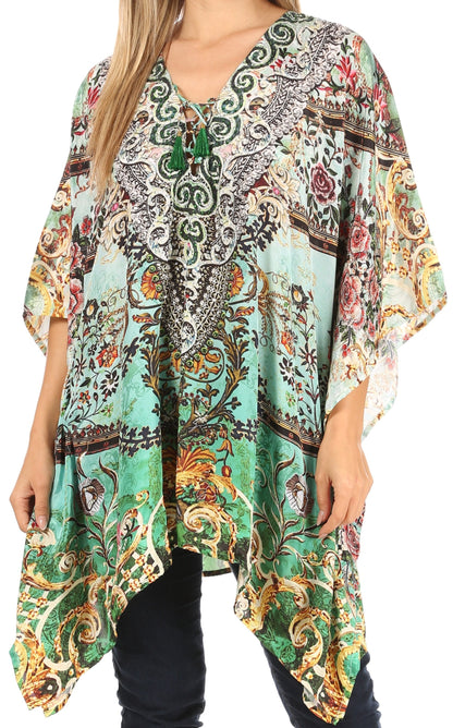 Stylish Rhinestone Lace-Up V-Neck Women's Caftan Poncho Cover-Up by Sakkas Aymee