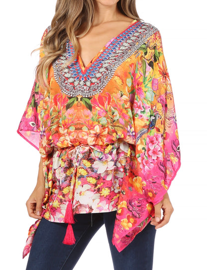 Sakkas Danis Women's Oversized Casual Pullover V-neck Short Sleeve Boho Top Blouse