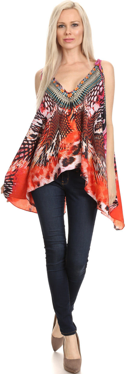 Sakkas Nasreen Sleeveless Printed V-Neck Tank Trapeze Caftan Adjustable Straps