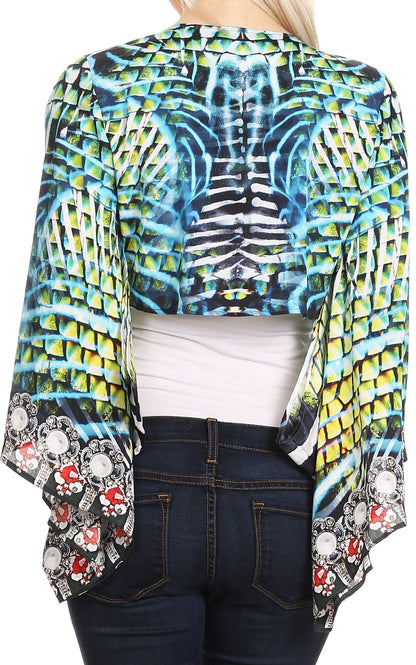 Sakkas Amita Printed Embellished Kaftan Front Tie Kimono Sleeve Crop Top Shrug