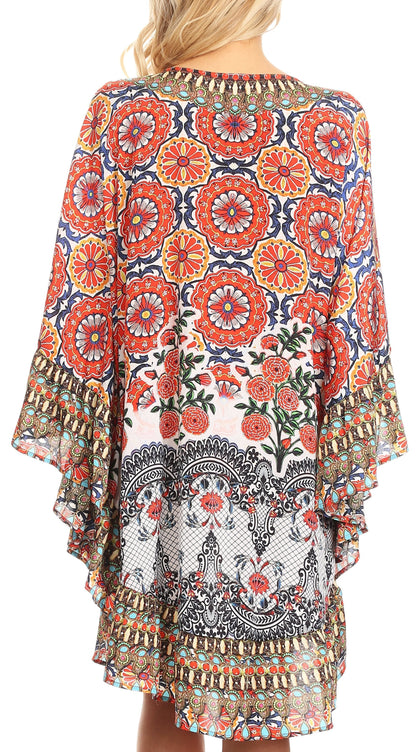 Sakkas Delu Flowy V Neck Blouse Top with Ruffled Trim and Rhinestones