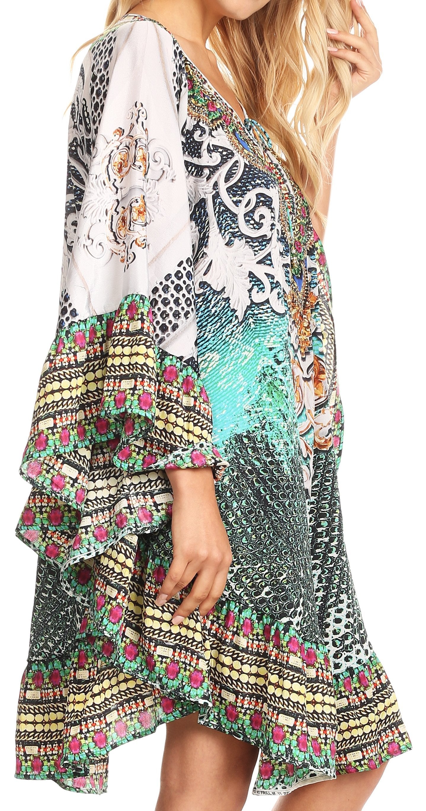 Sakkas Delu Flowy V Neck Blouse Top with Ruffled Trim and Rhinestones