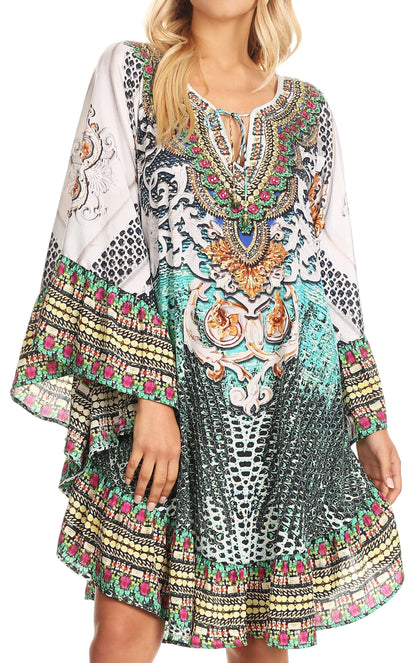Sakkas Delu Flowy V Neck Blouse Top with Ruffled Trim and Rhinestones
