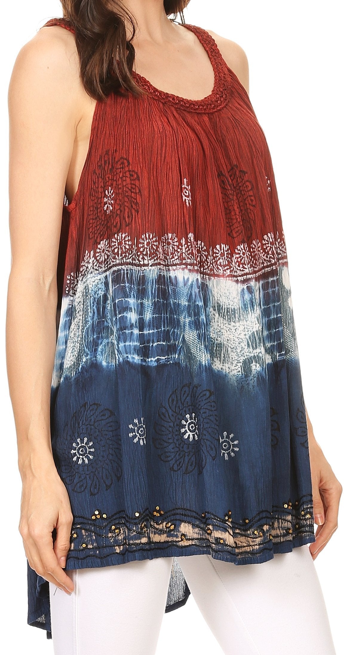 Sakkas Cecily Crinkle Floral Batik Tank with Sequins and Embroidery