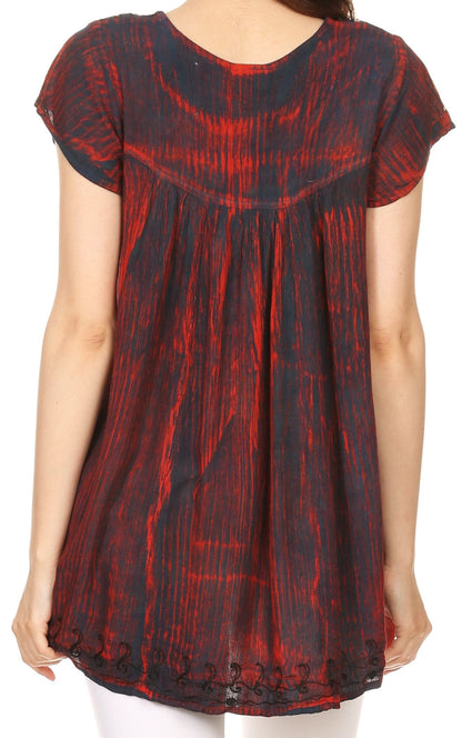 Sakkas Maritza Short Sleeve Batik Top with Crochet Embroidery and Sequins