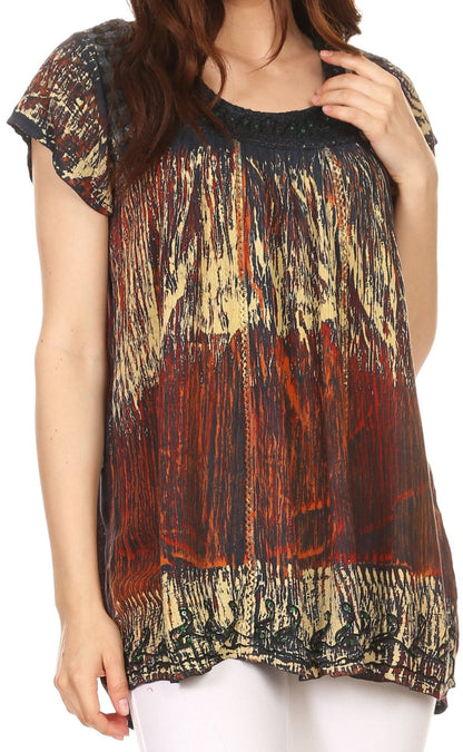 Sakkas Maritza Short Sleeve Batik Top with Crochet Embroidery and Sequins
