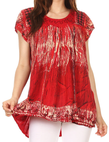 Sakkas Maritza Short Sleeve Batik Top with Crochet Embroidery and Sequins