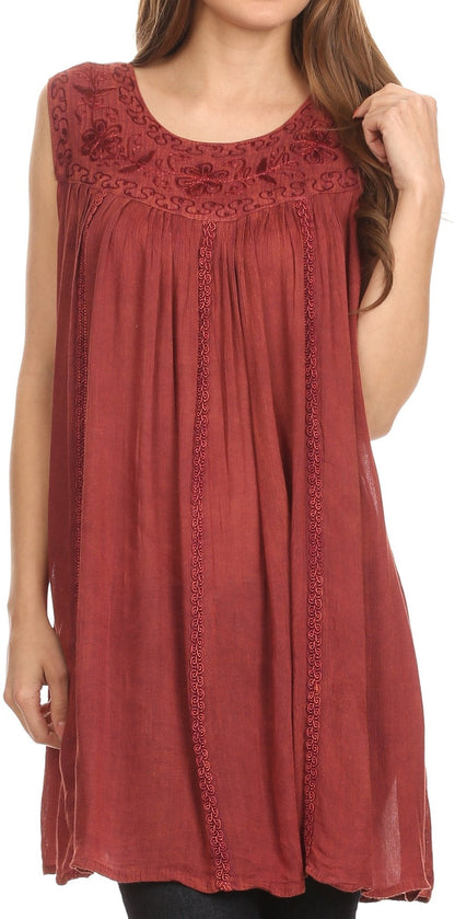 Sakkas Holli Tall Long Embroidered Sleeveless Blouse With Floral Design Accents