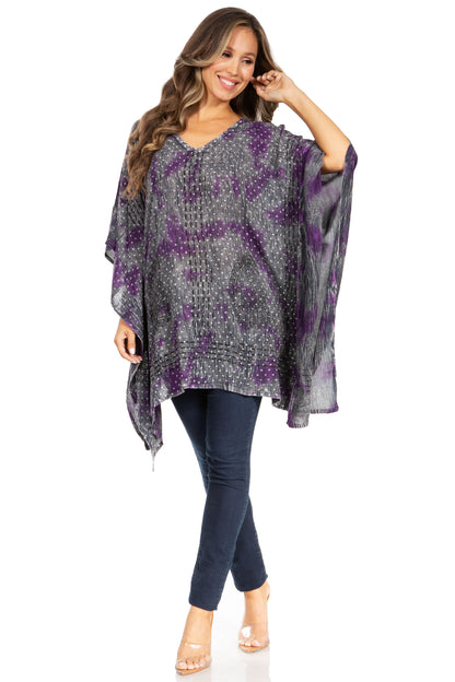 Sakkas Adalwin Third Tie Dye Desert Sun Circle Ponch Tunic Top Blouse W/Embroidery