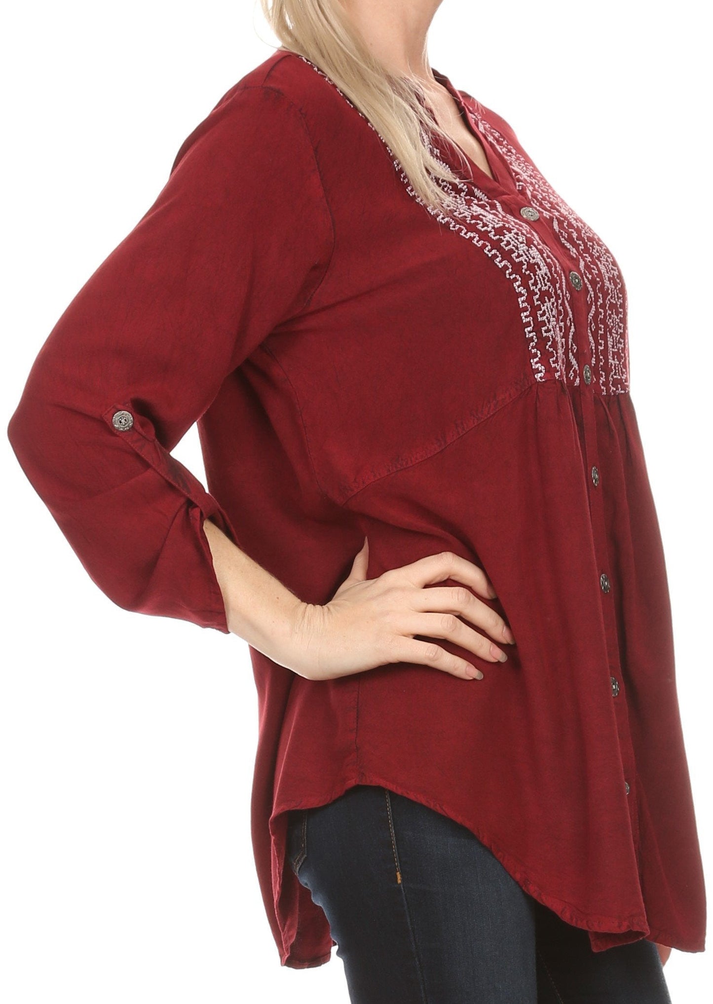 Sakkas Lizbeth V-neck Button Front Adjustable Long Sleeve Embroidered Blouse Top