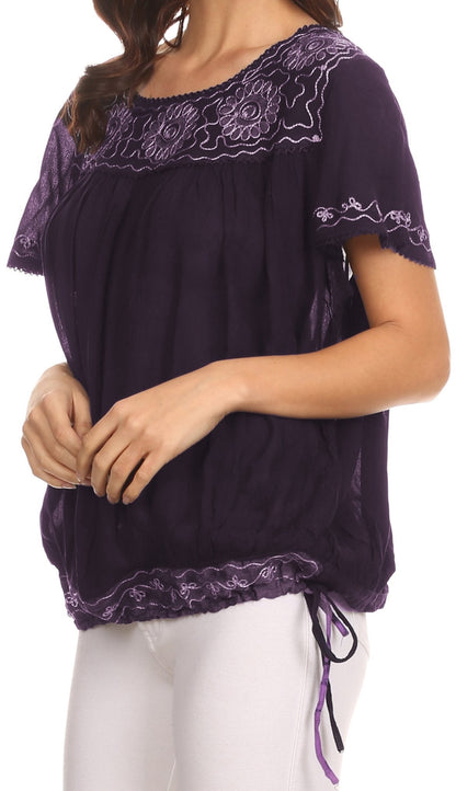 Sakkas Alexi Wide Floral Embroidered Blouse Shirt Top With Wide Neck Cap Sleeves