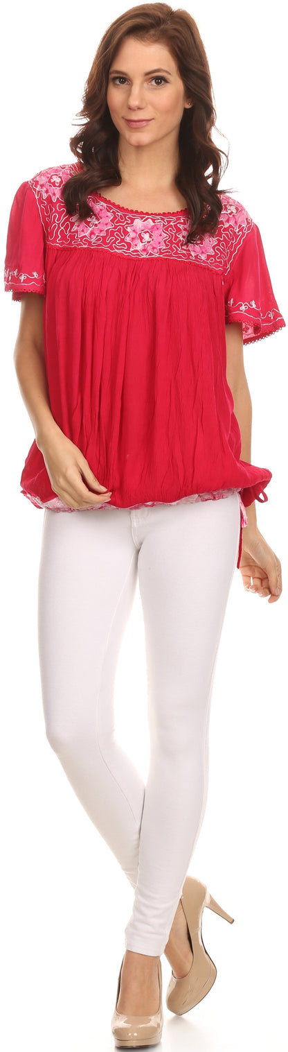 Sakkas Alexi Wide Floral Embroidered Blouse Shirt Top With Wide Neck Cap Sleeves