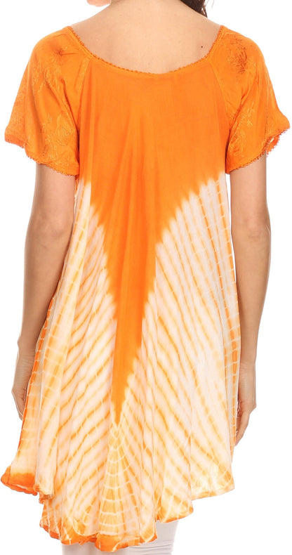 Sakkas D7037 - Cara Wide Embroidered Top Blouse Shirt With Crochet Neck Draped Cap Sleeves - Fuscia - OS