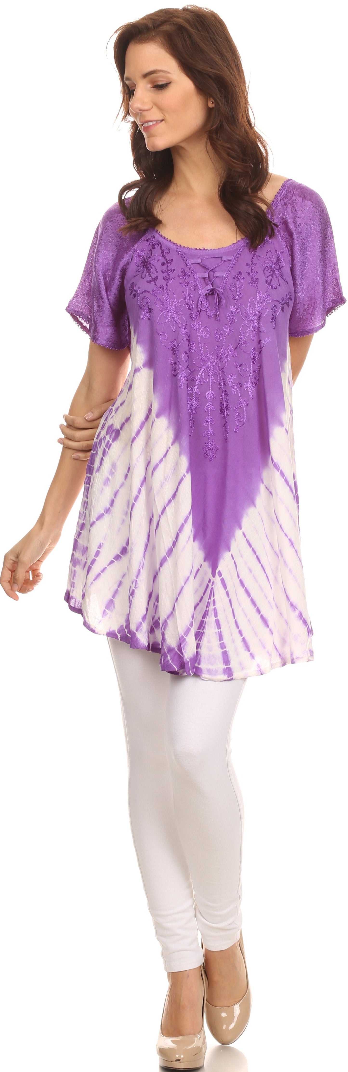 Sakkas D7037 - Cara Wide Embroidered Top Blouse Shirt With Crochet Neck Draped Cap Sleeves - Fuscia - OS
