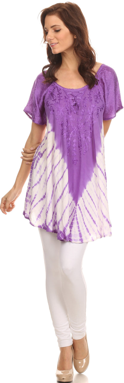 Sakkas D7037 - Cara Wide Embroidered Top Blouse Shirt With Crochet Neck Draped Cap Sleeves - Fuscia - OS
