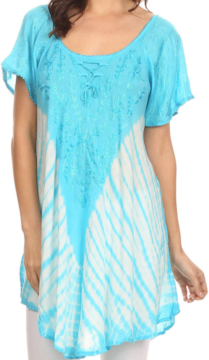Sakkas D7037 - Cara Wide Embroidered Top Blouse Shirt With Crochet Neck Draped Cap Sleeves - Fuscia - OS