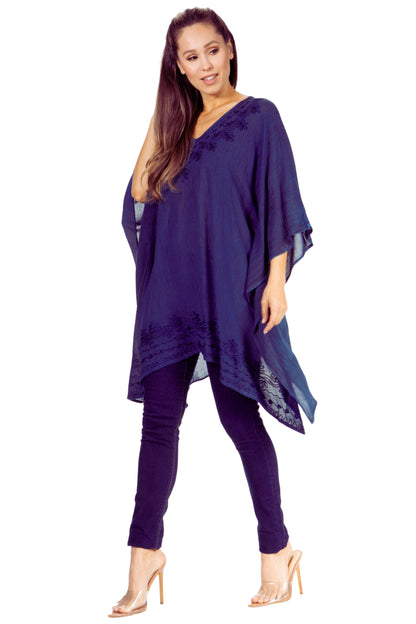 Sakkas Wren Lightweight Circle Poncho Top Blouse With Detailed Embroidery