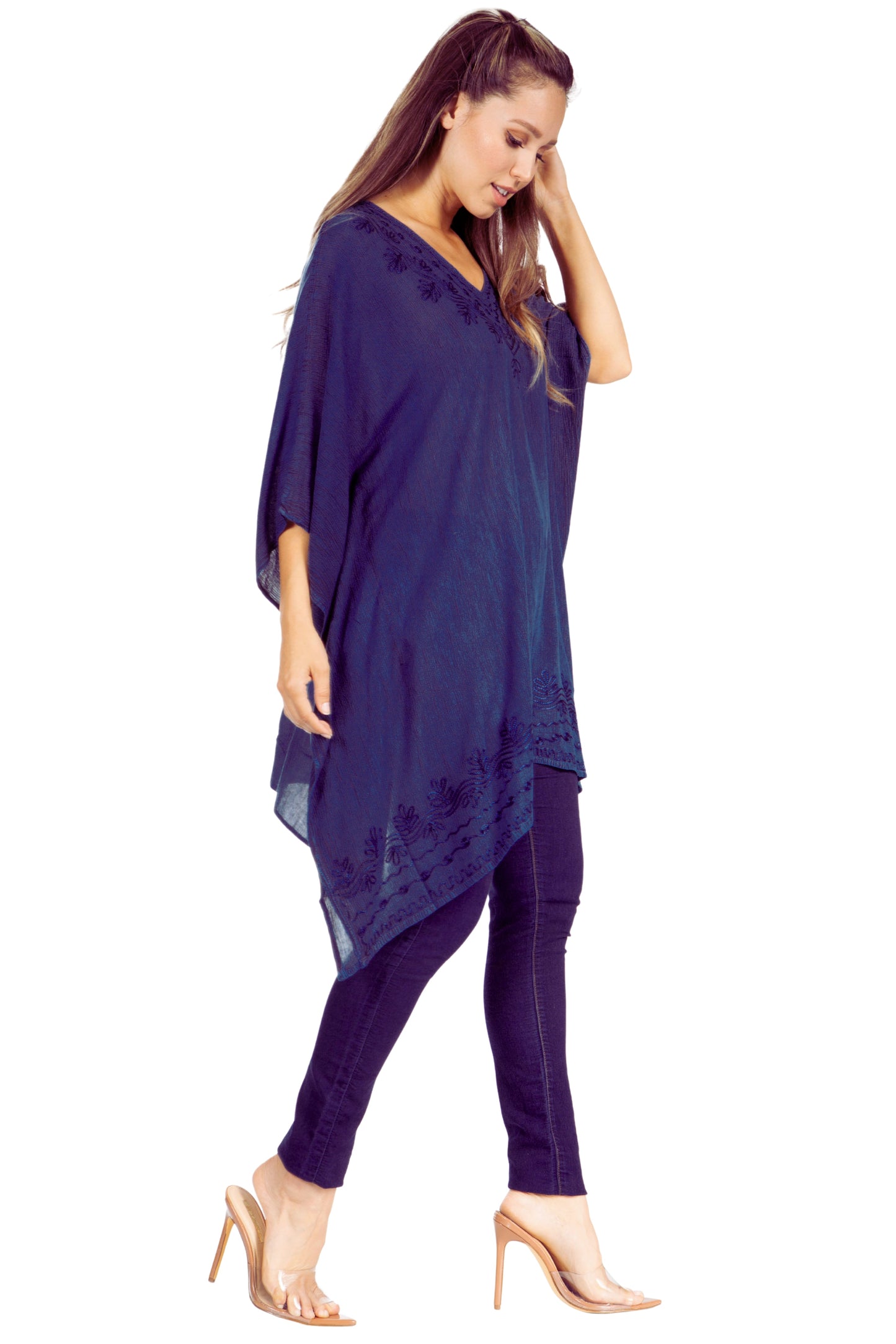 Sakkas Wren Lightweight Circle Poncho Top Blouse With Detailed Embroidery