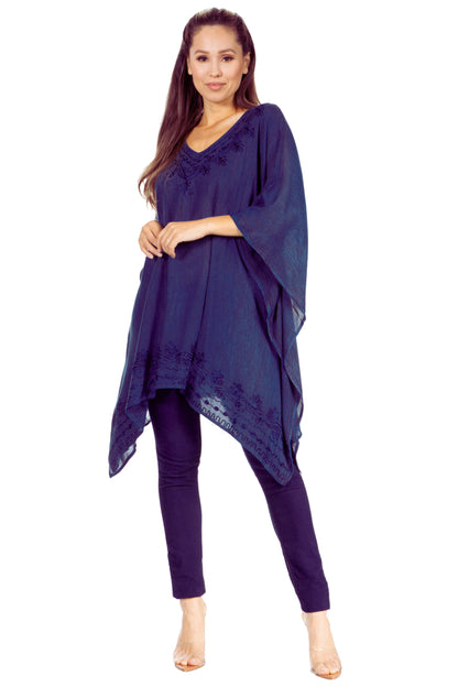 Sakkas Wren Lightweight Circle Poncho Top Blouse With Detailed Embroidery