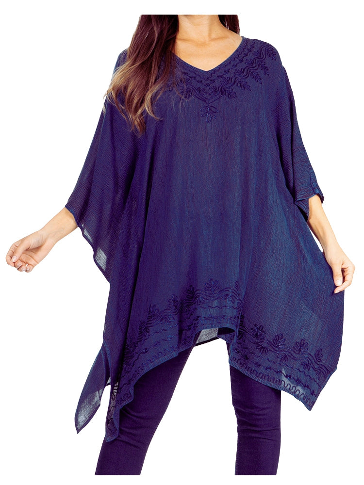 Sakkas Wren Lightweight Circle Poncho Top Blouse With Detailed Embroidery