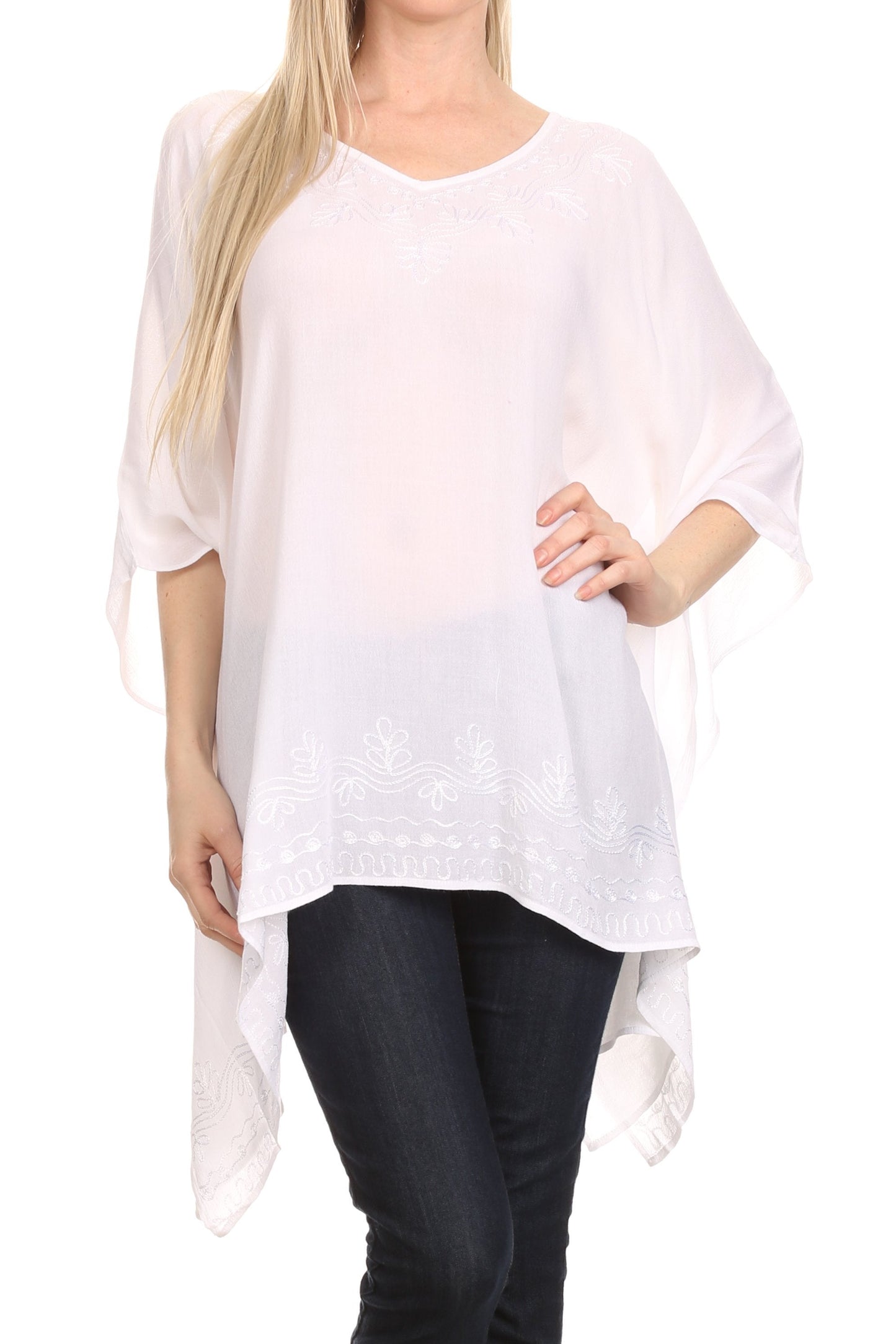 Sakkas Wren Lightweight Circle Poncho Top Blouse With Detailed Embroidery