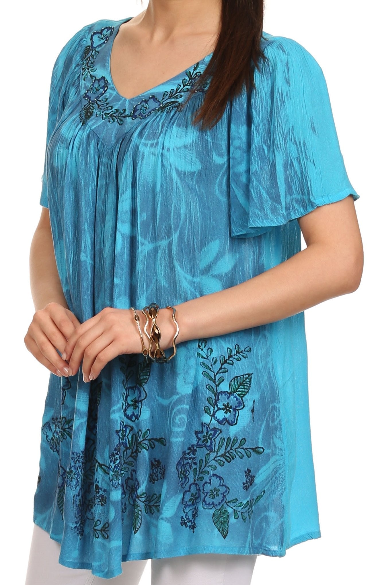 Sakkas Kyla Relaxed Fit Floral Sequin Embroidered V-neck Cap Sleeve Blouse / Top