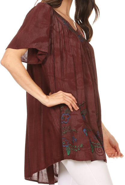 Sakkas Kyla Relaxed Fit Floral Sequin Embroidered V-neck Cap Sleeve Blouse / Top
