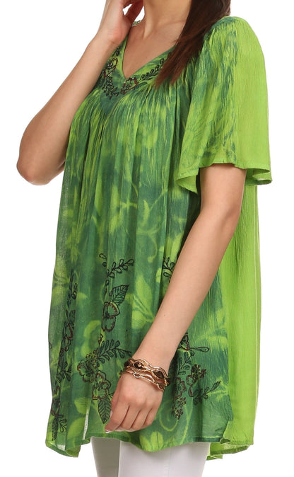 Sakkas Kyla Relaxed Fit Floral Sequin Embroidered V-neck Cap Sleeve Blouse / Top