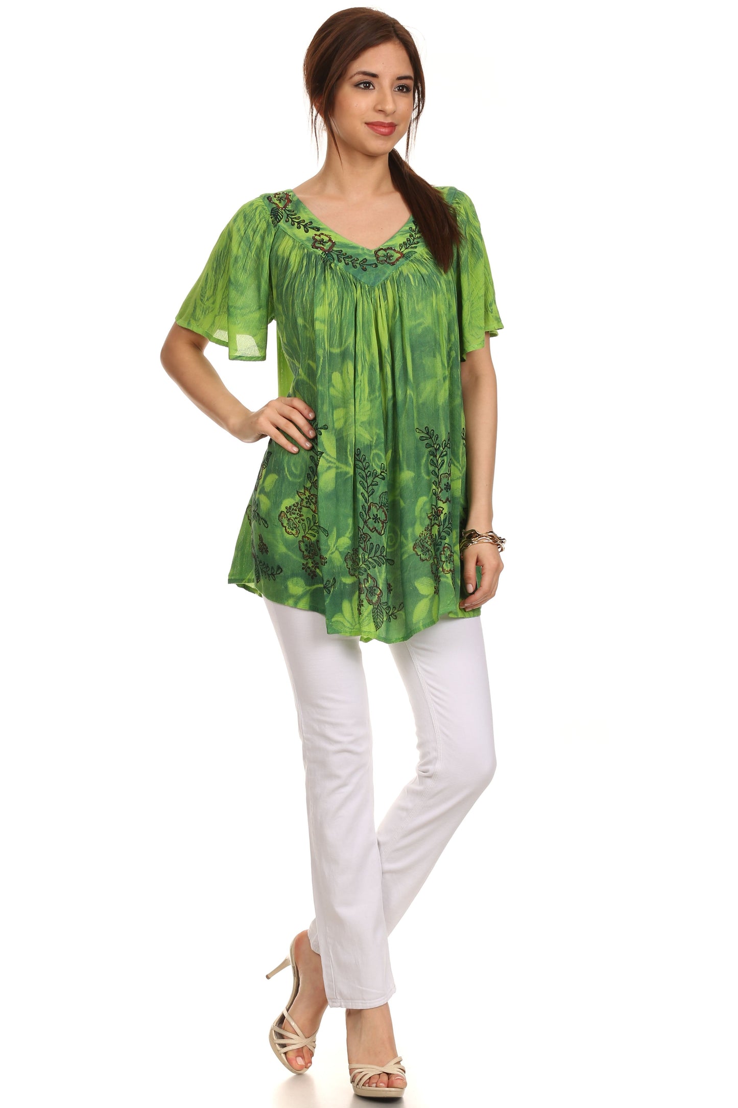 Sakkas Kyla Relaxed Fit Floral Sequin Embroidered V-neck Cap Sleeve Blouse / Top