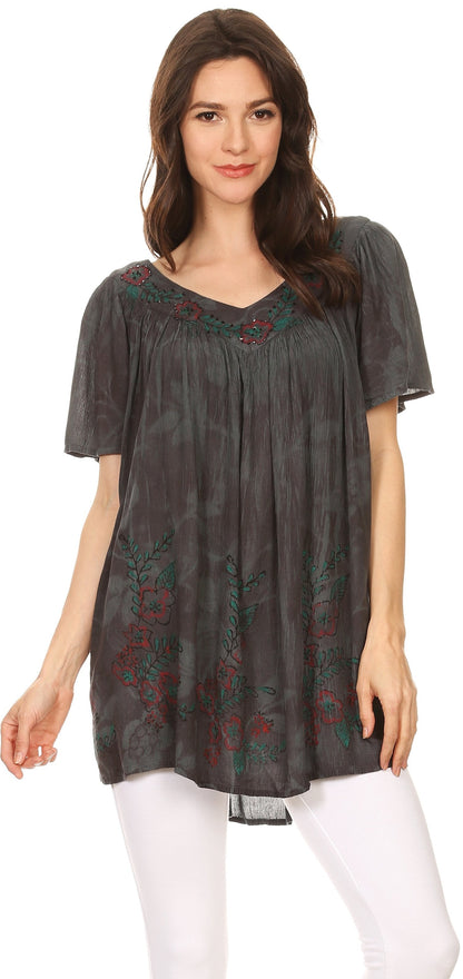 Sakkas Kyla Relaxed Fit Floral Sequin Embroidered V-neck Cap Sleeve Blouse / Top