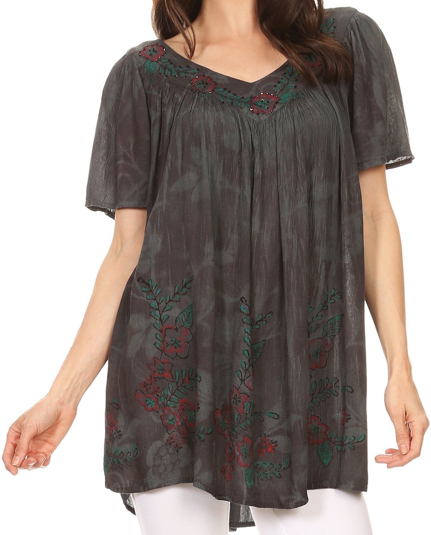 Sakkas Kyla Relaxed Fit Floral Sequin Embroidered V-neck Cap Sleeve Blouse / Top