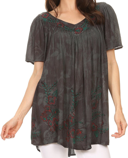Sakkas Kyla Relaxed Fit Floral Sequin Embroidered V-neck Cap Sleeve Blouse / Top