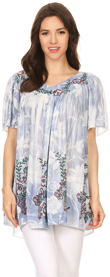 Sakkas Kyla Relaxed Fit Floral Sequin Embroidered V-neck Cap Sleeve Blouse / Top