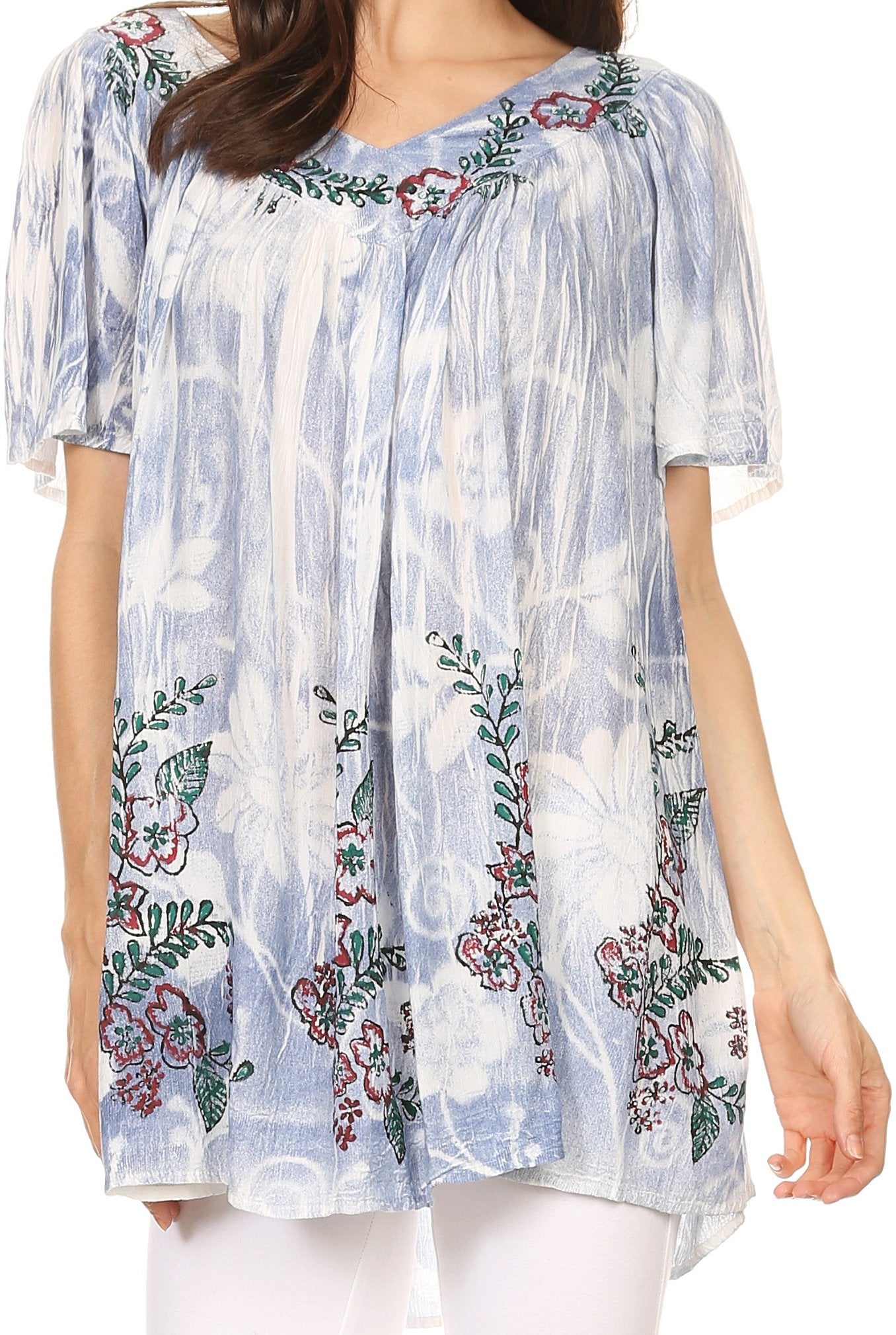 Sakkas Kyla Relaxed Fit Floral Sequin Embroidered V-neck Cap Sleeve Blouse / Top