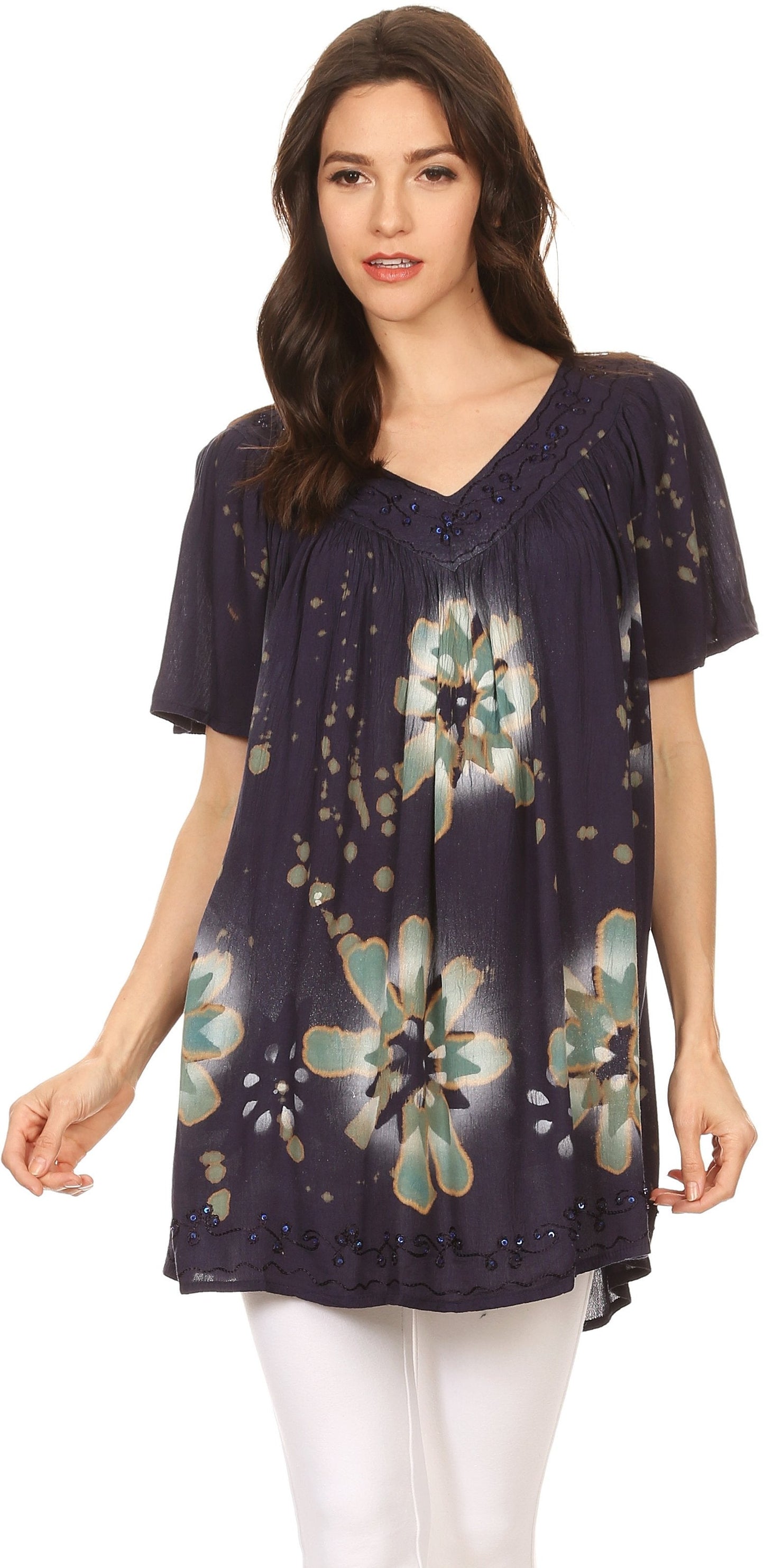 Sakkas Poppy Floral Hand Dyed Dye Pattern Top Blouse With Beaded Sequin V Neck